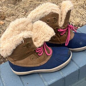 BearPaw Brown and Blue Kids Boots with Pink Laces